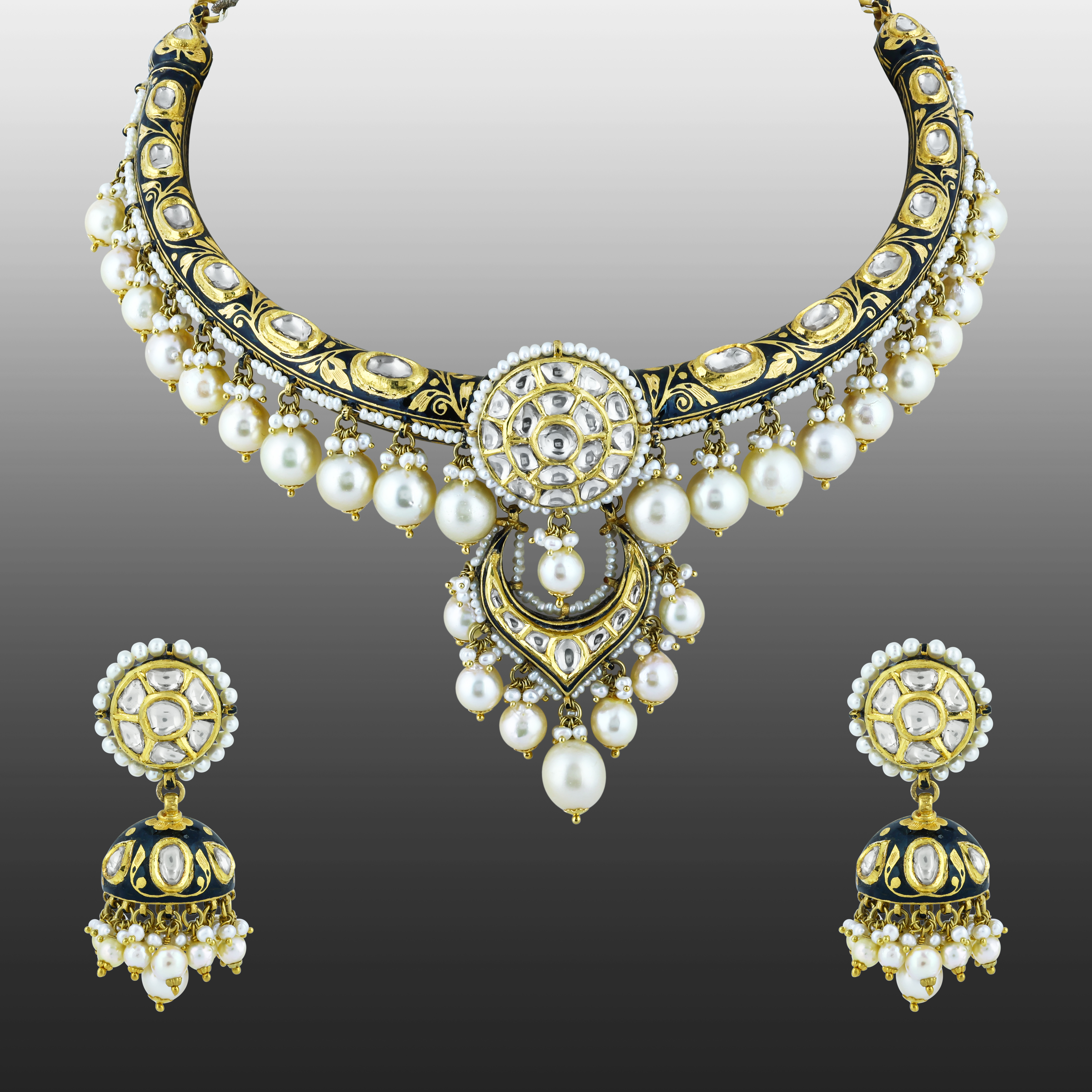 Hasli Polki Necklace Set with Black Enamel and Pearls