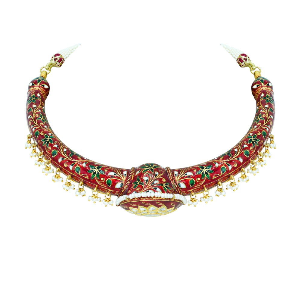 Regal Polki Hasli Necklace with Red Enamel and Pearl Beads
