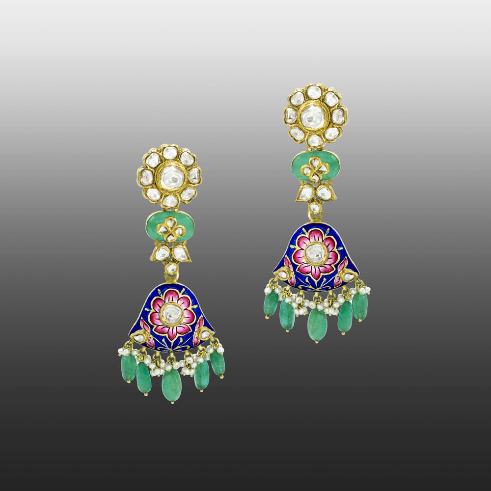 Polki Earrings with Blue-Pink Enamel, Emeralds, and Pearls
