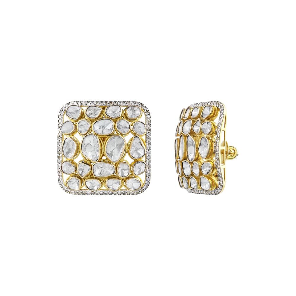 Square Diamond Earrings with Unshaped Cluster Polki