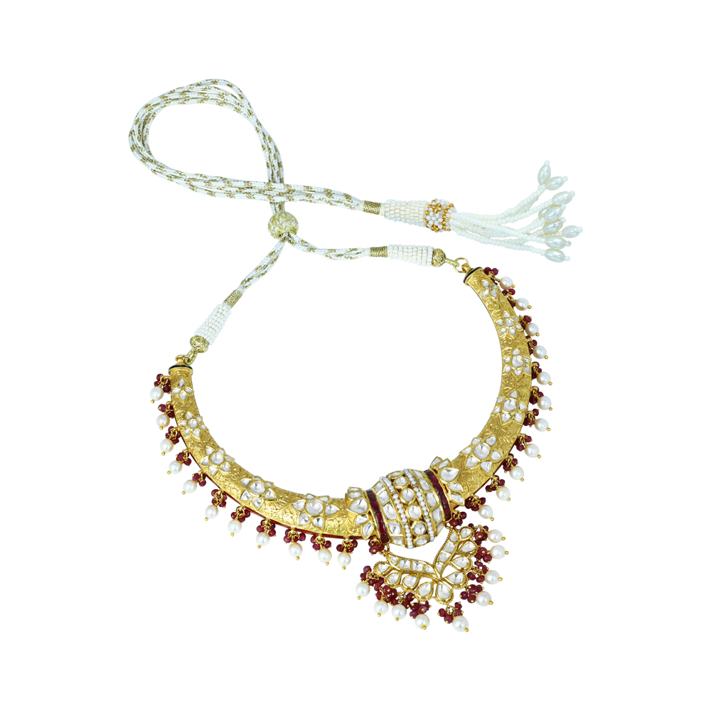 Hasli Necklace with Polki, Ruby Beads, and Pearls