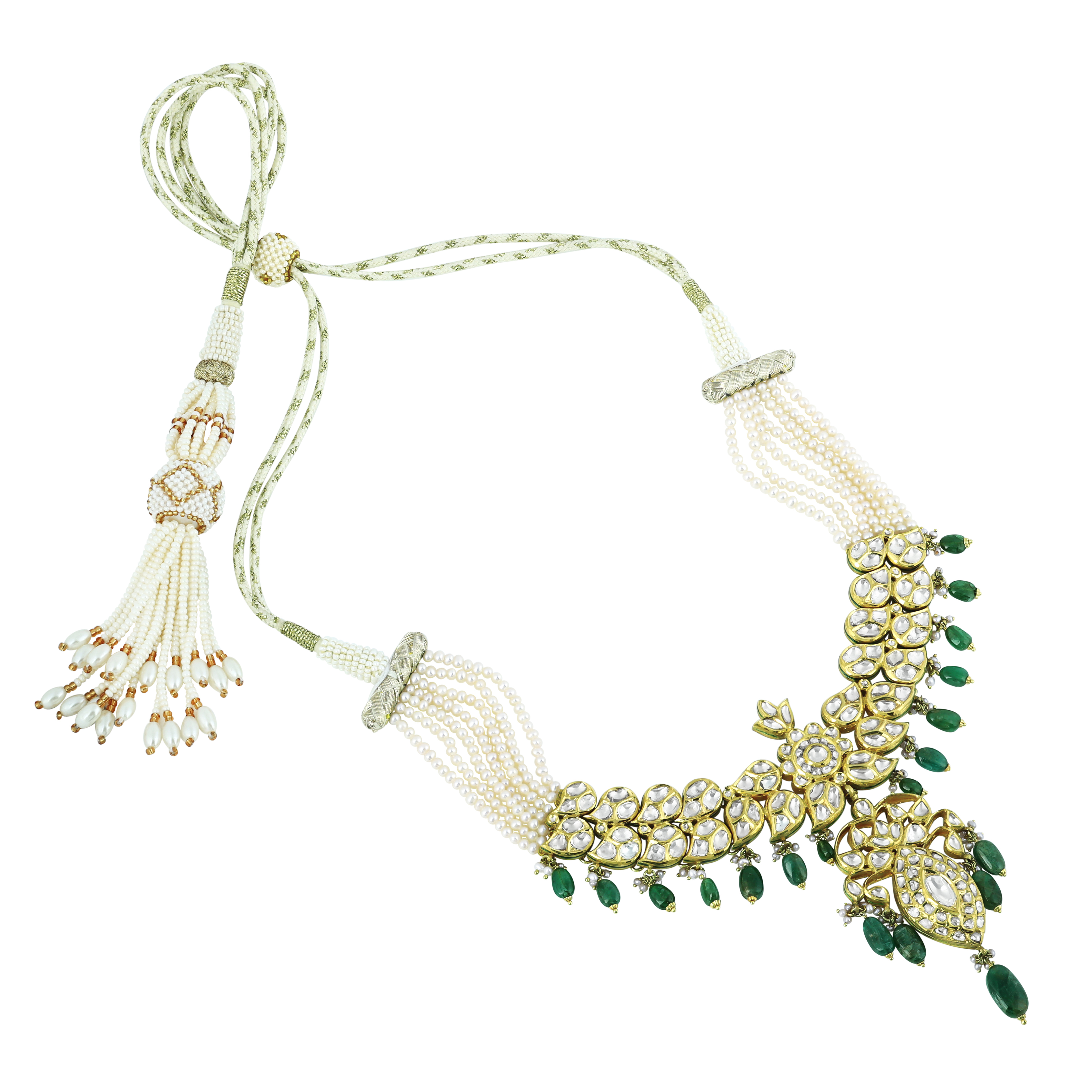 Polki Necklace Set with Emerald Drops and Pearl Strands