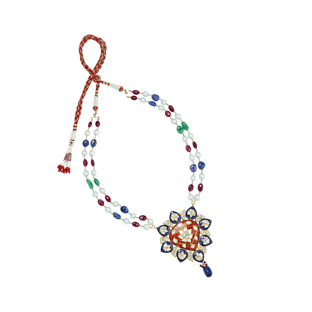 Floral Polki Necklace with Blue Red Enamel, Pearls, and Multi Gemstone Beads