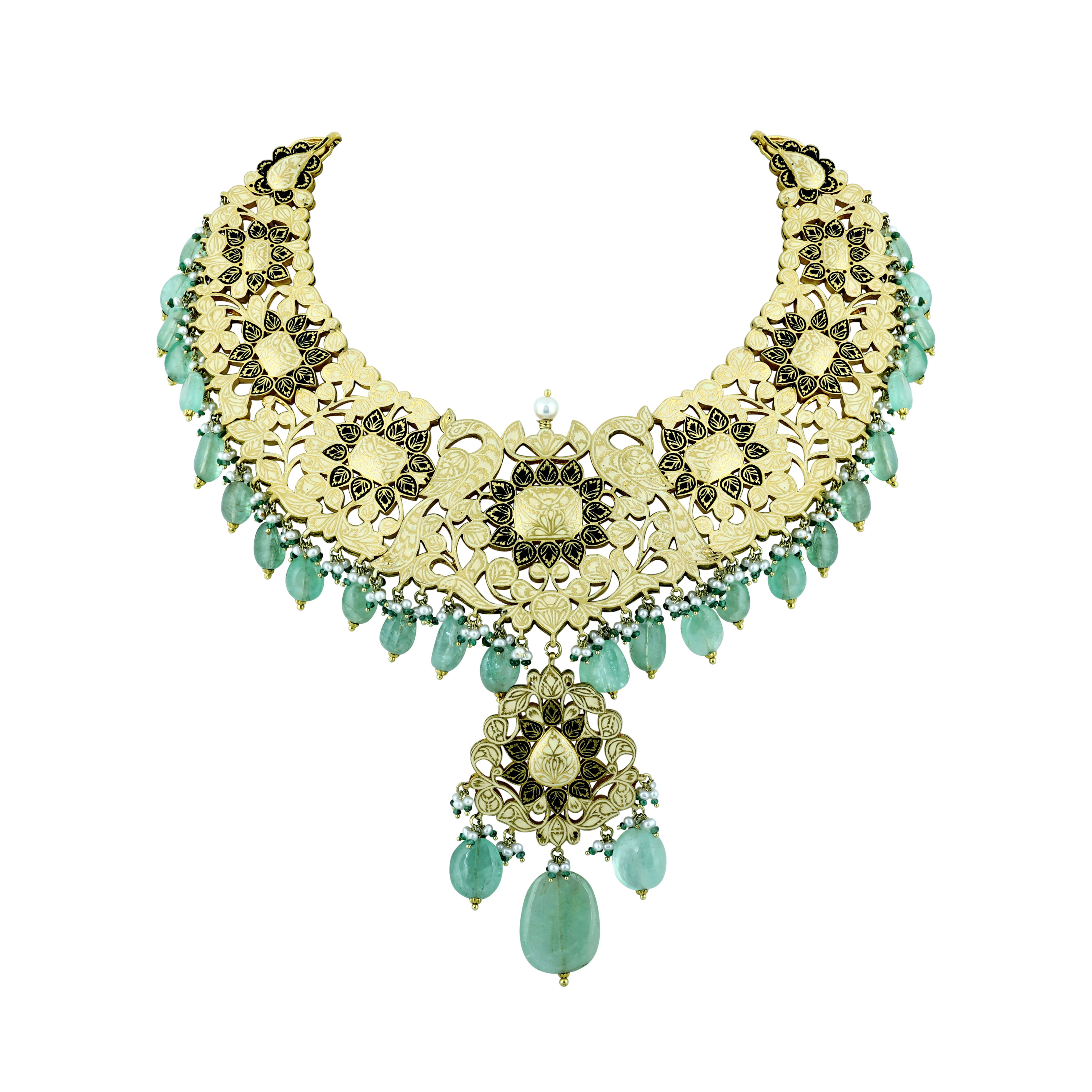 Polki Necklace Set with Gold Detailing and Emerald Drops
