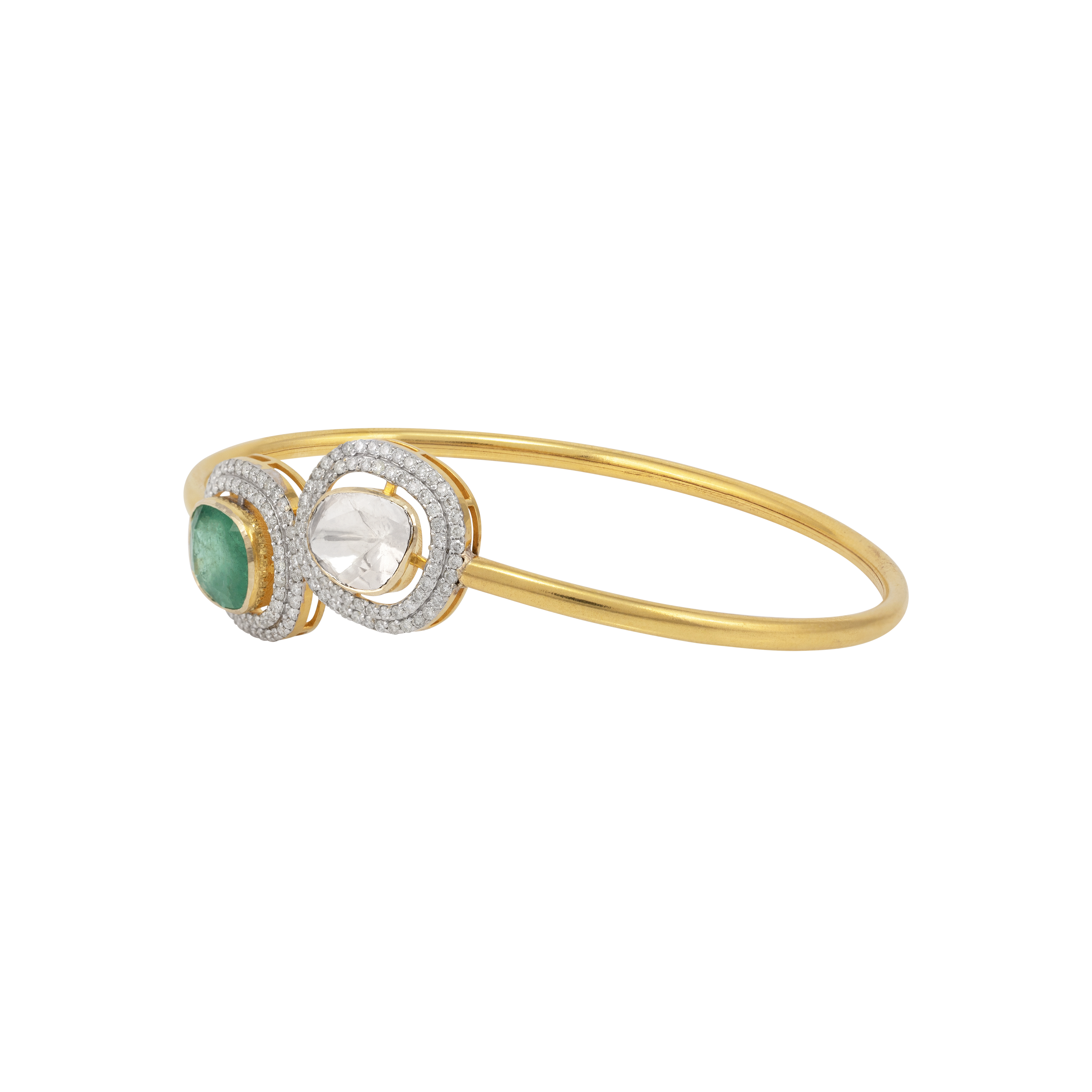 Dual Halo Emerald and Polki Diamond Cuff Bangle