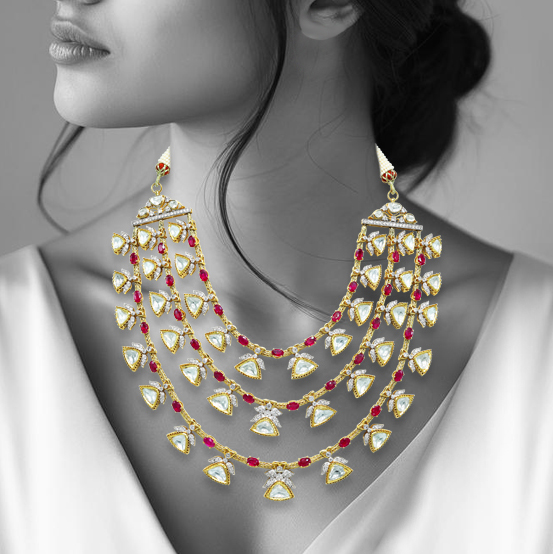 Gold Wire Necklace with Rubies, Polki, and Full-Cut Diamonds