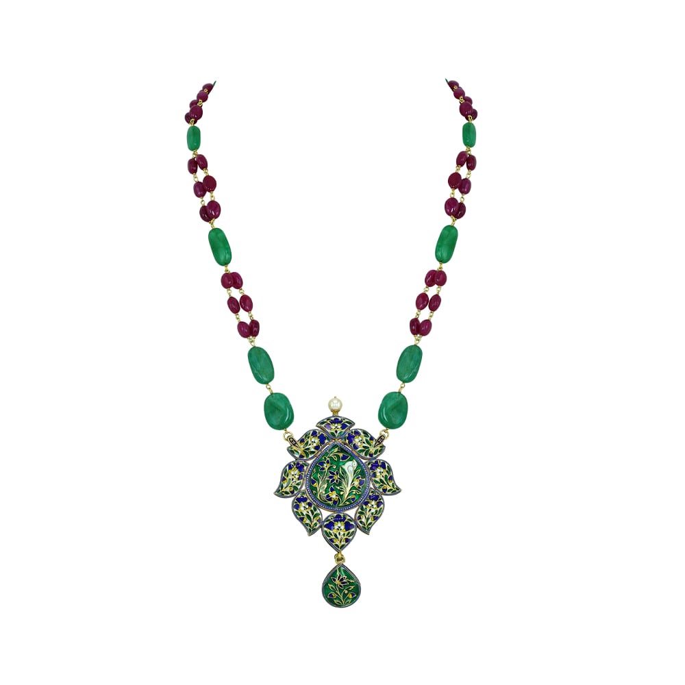 Navaratan Pendant Necklace with Polkis, Ruby, and Emerald Beads