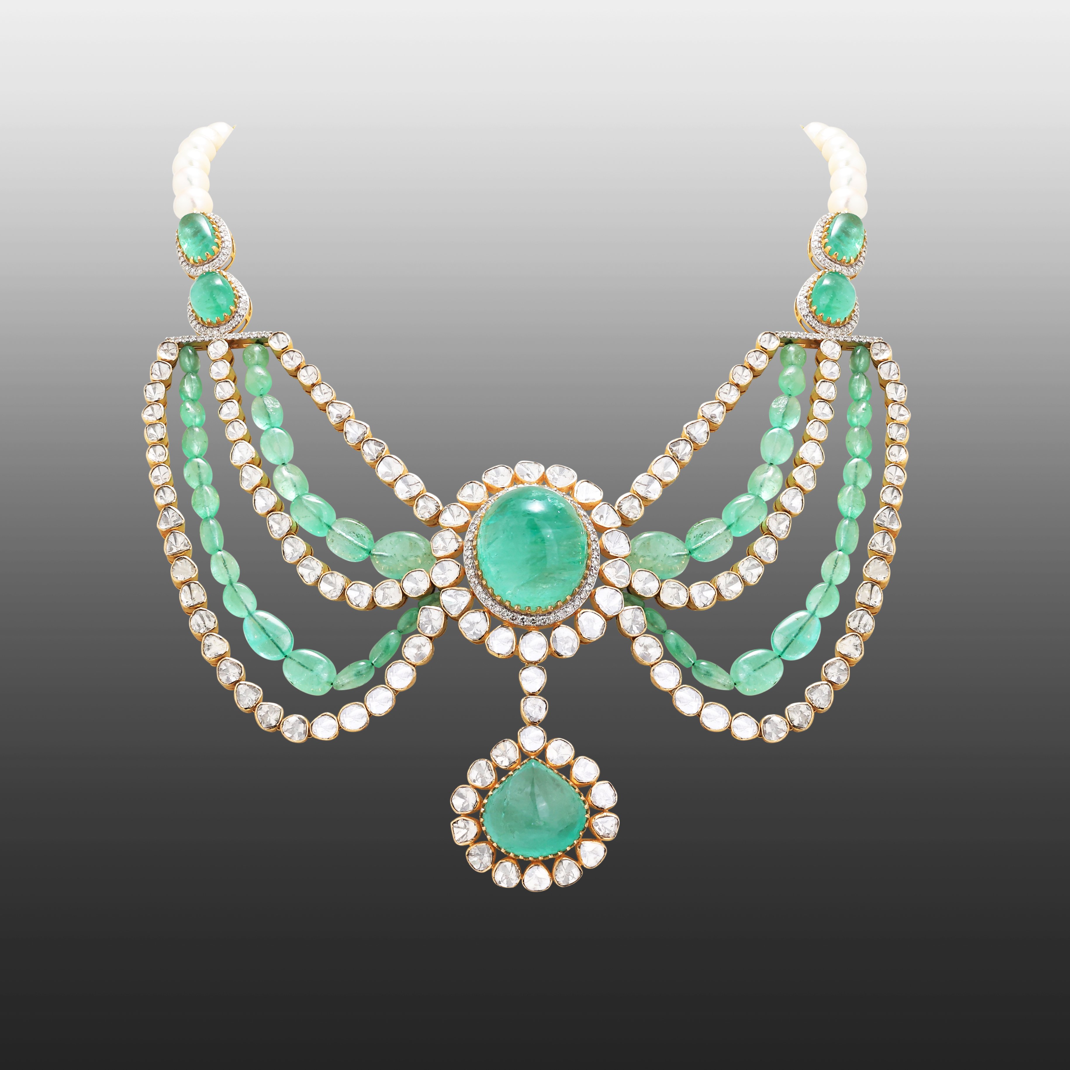 Cabochon Emerald Collar with Polki Layering